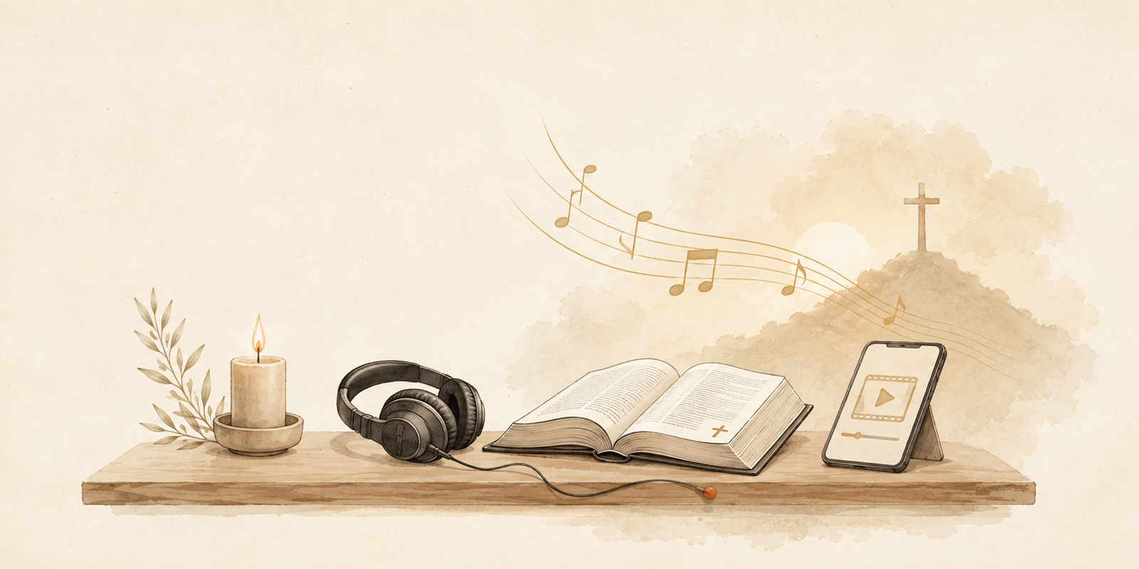 Bibbia aperta con cuffie e candela