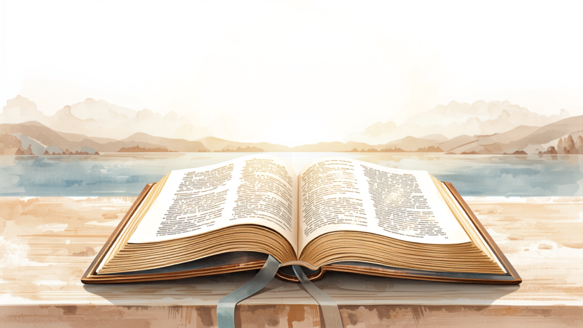 Bibbia aperta davanti a un paesaggio all’alba