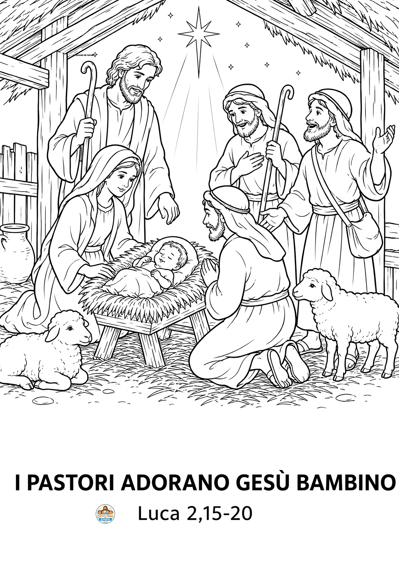 Disegno da colorare: I pastori adorano Gesù bambino