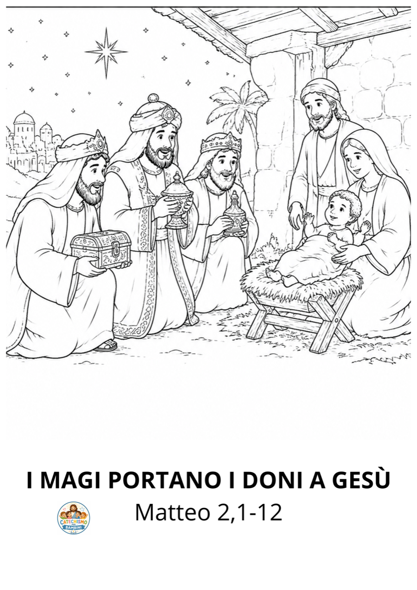 Disegno da colorare: I Magi portano i doni a Gesù