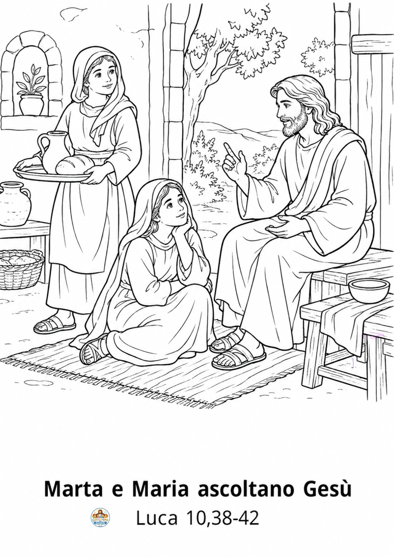 Disegno da colorare: Marta e Maria ascoltano Gesù